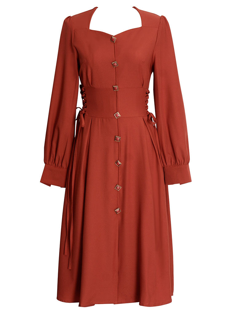 Orange Red Long Sleeve Button Fall Swing Dress