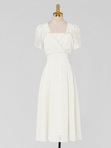 White Bud Sleeve Pearl Square Neck Chiffon 1950S Vintage Dress