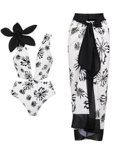 Load image into Gallery viewer, 2PS Flower Print V Neck One Piece With Bathing Suit Warp Skirt
