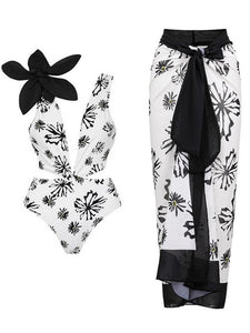 2PS Flower Print V Neck One Piece With Bathing Suit Warp Skirt
