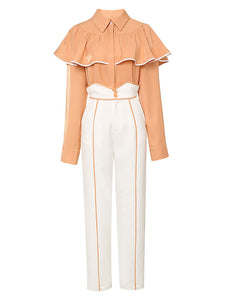 2PS Ruffles Vintage Top And White Pant Set