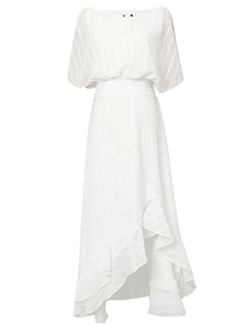 White Chiffon Vintage Maxi Dress With High low Hem