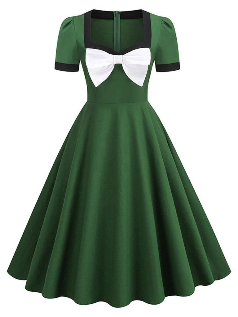Green Big Bow Square Collar 1950S Vintage Dress