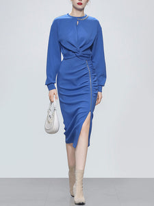 2PS Royal Blue Casual Crew Neck Loose Short Sweater And Smocked Bodycon Skirt Suit