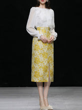 Load image into Gallery viewer, 2PS White Lace Long Sleeve Top And Yellow Floral Print Skirt Dress Suit