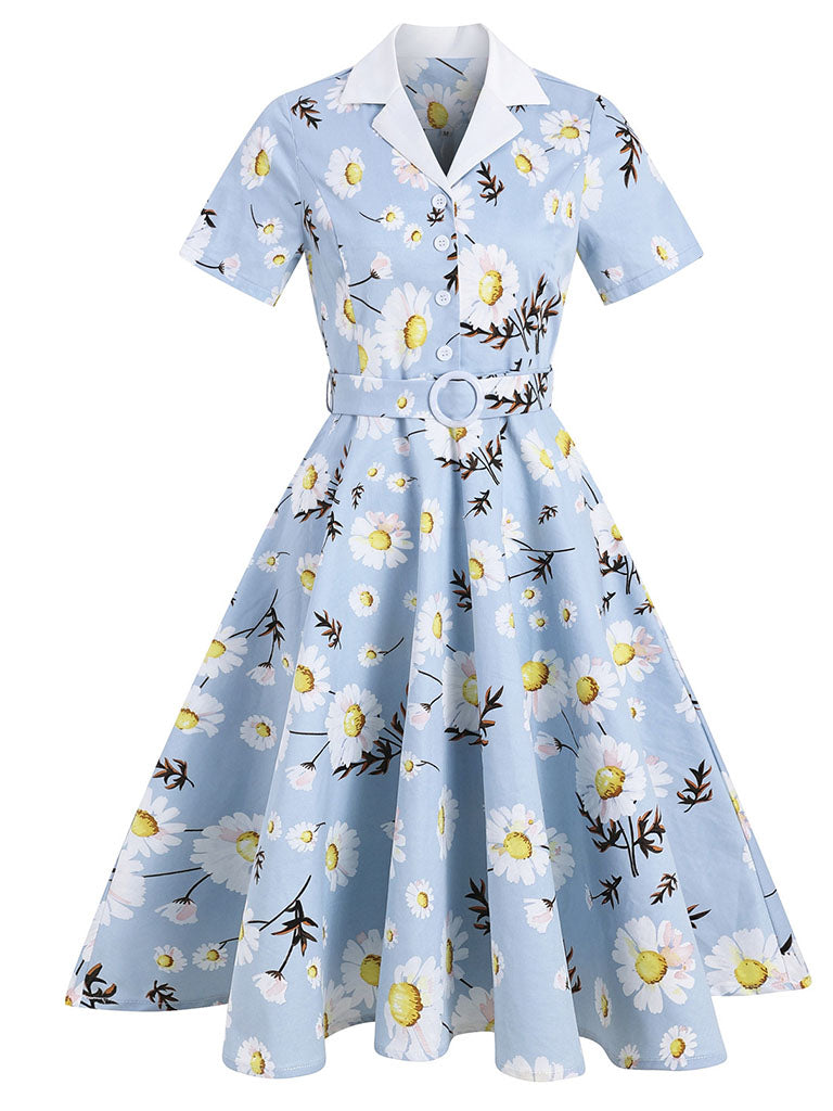 Baby Blue Daisy Turn-Down Collar 1950S Dress With Belt