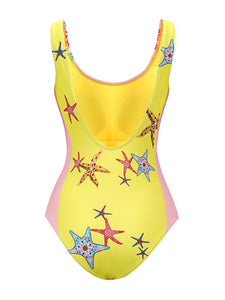 2PS Starfish Print One Piece With Bathing Suit Swing Skirt