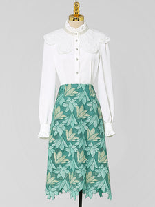 2PS White Lace Top And Green Lace Skirt Dress Suit