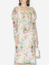 Load image into Gallery viewer, White 1960S Vintage Floral Printed Pearl Puff Sleeve Bodycon Dress