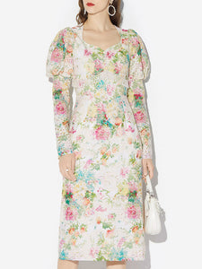 White 1960S Vintage Floral Printed Pearl Puff Sleeve Bodycon Dress