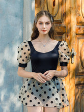 Load image into Gallery viewer, Black Polka Dots Puff Sleeve Ballet Style Vintage One Piece Swimwear Bathing Suit