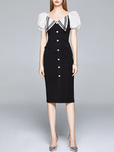 Load image into Gallery viewer, Black Puff Sleeve Buttons Pencil Dress