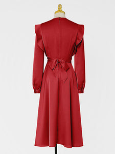 Red Ruffles V Neck Satin 1950S Long Sleeve  Vintage Dress