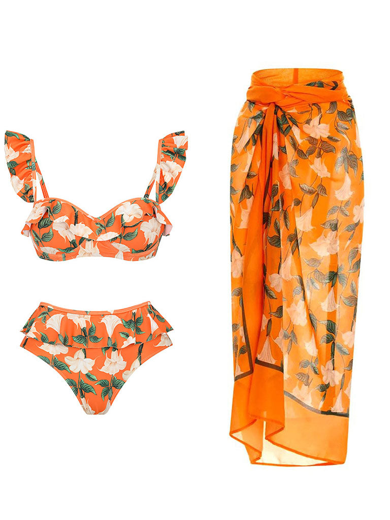 Orange Retro Floral Print Bikini With Bathing Suit Wrap Skirt