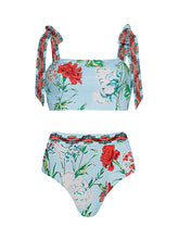 Load image into Gallery viewer, Green Retro Floral Print Strappy Bikini With Wrap Skirt Swimsuit