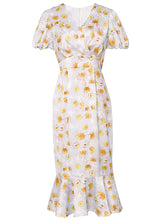 Load image into Gallery viewer, Orange V Neck Puff Sleeve Princess Mermaid 1960S Dress