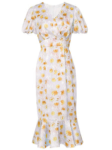 Orange V Neck Puff Sleeve Princess Mermaid 1960S Dress