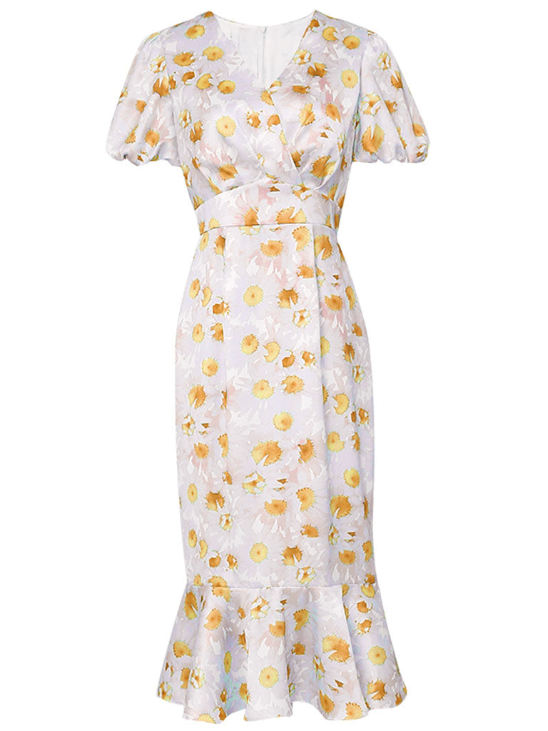 Orange V Neck Puff Sleeve Princess Mermaid 1960S Dress