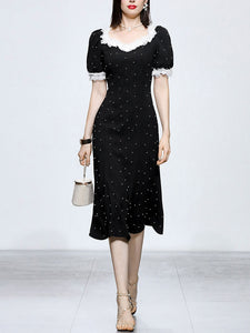 White Lace Square Neck Puff Sleeve Vintage Pearl Hepburn Style Midi Black Dress