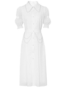 White Pearl Collar Romantic Floral Textured Shirt Dress
