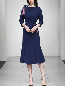 Navy Bowknot Collar Half Sleeve 1940S Bodycon Vintage Dress