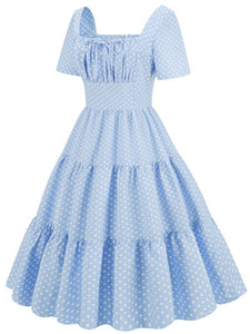 Light Blue Polka Dots Square Collar 1950S Vintage Swing Dress