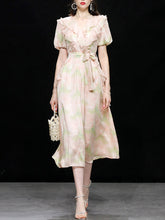 Load image into Gallery viewer, Pink Ruffles Collar Floral Frint Puff Sleeve 1950S Vintage Dress
