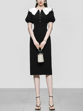 Load image into Gallery viewer, White Big Collar Puff Sleeve Little Black Dress Vintage Style The Queen&#39;s Gambit Similar Style 1960S Dress