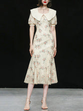 Load image into Gallery viewer, White Floral Print Puff Sleeve Vintage Mermaid 1940S Fish Tail Vintage Lace Dress