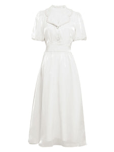 White Organza Pearl Collar Short Sleeve 1950S Swing Dress