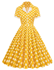 Green Polka Dots Turn Down Collar Short Sleeves 1950S Vinatge Shirt Dress
