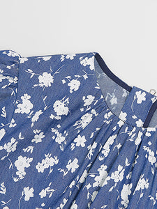 Lake Blue Floral Print Waist Cut Out Puff Sleeve Summer 1950S Dress