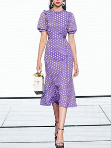 Purple Polka Dots Puff Sleeve Vintage Rapunzel Style Chiffon Dress