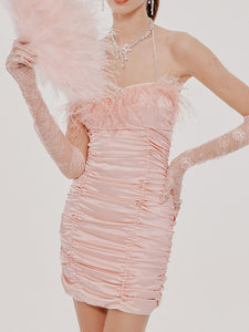Pink Spaghetti Strap Feather Satin Pleated Sexy Gown Party Dress With Gloves