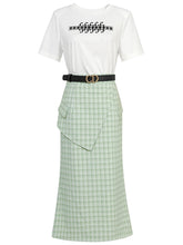 Load image into Gallery viewer, 2PS White 1950S Vintage Classic Tshirt And Green Plaid Mermaid Skirt
