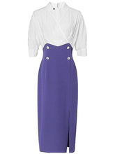 Load image into Gallery viewer, White And Navy Lantern Sleeve Slit Dress Vintage 1940S Dress