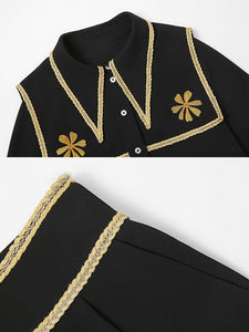 2PS Gold Embroidered Shirt Collar Black Uniform 1940S Vintage Pant Set