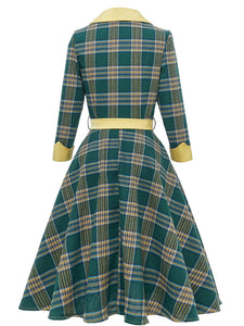 Green Plaid 3/4 Sleeve 1950S Vintage Dress With Belt