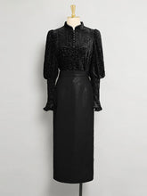 Load image into Gallery viewer, 2PS Black 1950S Vintage Mandarin Collar Classic Top And Black Pu Skirt Suit