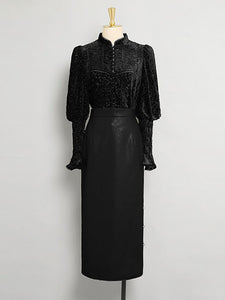 2PS Black 1950S Vintage Mandarin Collar Classic Top And Black Pu Skirt Suit