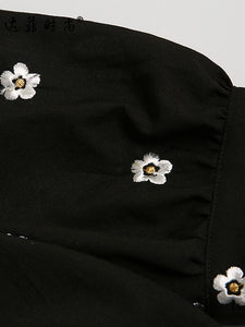 Black Embroiderd Flowers Puff Sleeve 1940S Split Vintage Dress