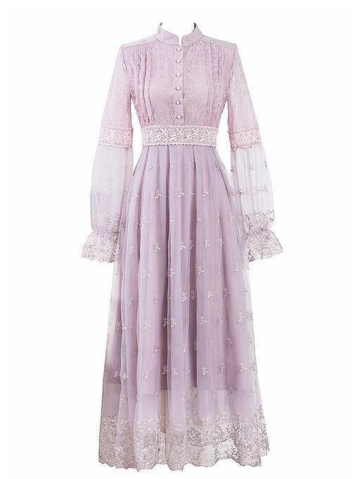 Embroidered Puff Long Sleeve Edwardian Revival Dress