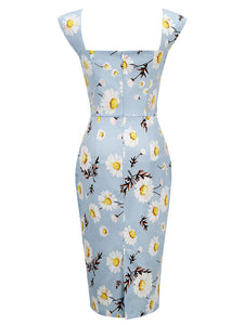 Blue Daisy Square Collar 1960S Bodycon Dress