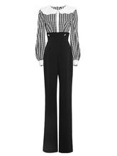 Load image into Gallery viewer, 2PS Black Print Long Sleeve Rhinestone Top With High Waist Wide Leg Pants Suit