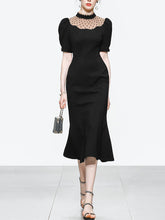 Load image into Gallery viewer, Semi-Sheer Polka Dots Puff Sleeve Little Black Fishtail Dress Vintage Style