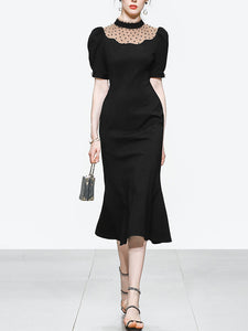 Semi-Sheer Polka Dots Puff Sleeve Little Black Fishtail Dress Vintage Style
