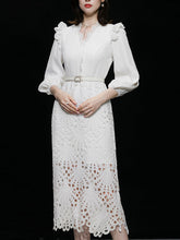 Load image into Gallery viewer, Green V Neck  3/4 Sleeve Lace 1960S Dress