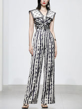 Load image into Gallery viewer, Black And White Animal Print Spaghetti Straps Jumpsuit With Cape
