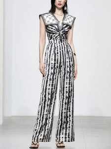 Black And White Animal Print Spaghetti Straps Jumpsuit With Cape