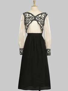 2PS White Butterfly Long Sleeve Top And Black Swing Skirt Suit